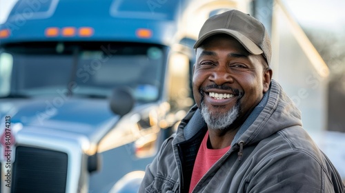 friendly male truck driver smiling in front of semitruck transportation industry portrait photography