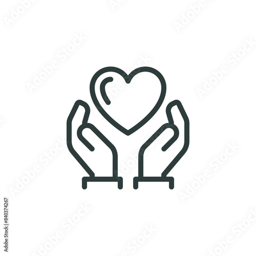 Thin Outline Icon Heart in Hands Two Hands Holding a Heart. Such Line Sign as Gesture Charity Message Love and Care, Caring Hands Donation or Healthcare. Vector Isolated Pictogram on White Background.