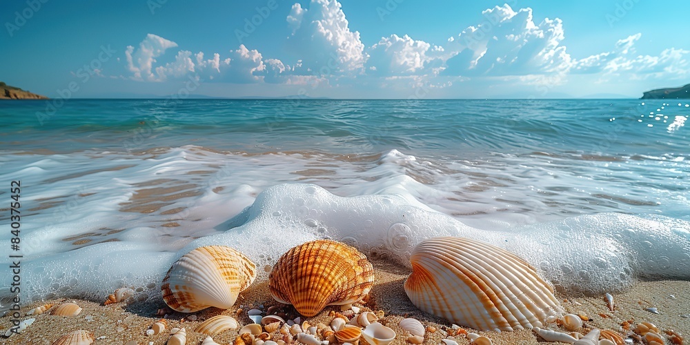 Sea water, sand and sea shells as background. Summer beach. Summer background