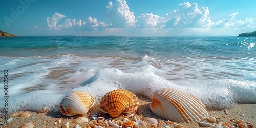 Obraz na płótnie Sea water, sand and sea shells as background. Summer beach. Summer background w salonie