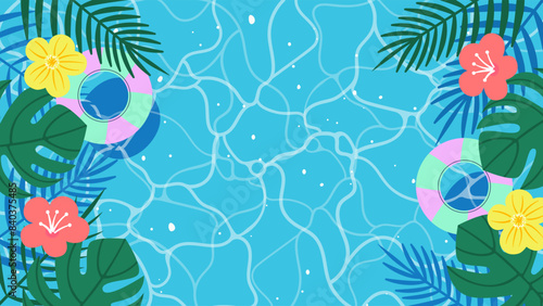 Bright Summer Pool Background with Tropical Plants Front View