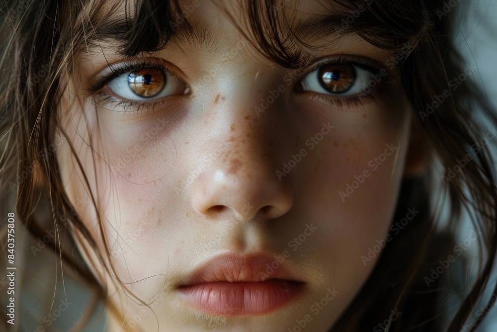 A close-up photo of a young girl's face with visible freckles, suitable for use in personal or commercial projects that require a sweet and innocent image A close-up photo of a young girl's face with visible freckles, suitable for use in personal or commercial projects that require a sweet and innocent image