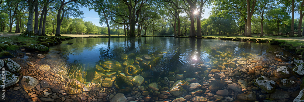 A panoramic view of a nature pond, the clear water and surrounding trees creating a serene atmosphere A panoramic view of a nature pond, the clear water and surrounding trees creating a serene atmosphere
