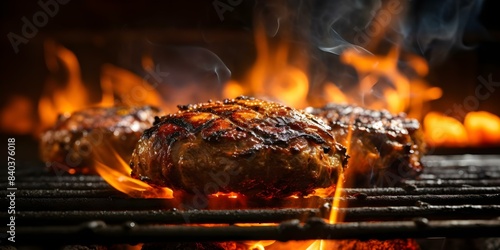 Fire Under Hamburger Meat on the Grill. Concept Grilling, BBQ, Cooking, Outdoor Dining, Fire Safety