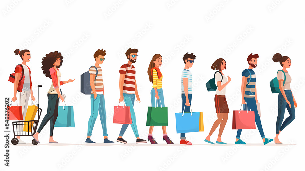 Set of Character Carrying Shopping Bags, Symbolizing Consumerism And Retail Therapy. Cartoon Vector Illustration Set of Character Carrying Shopping Bags, Symbolizing Consumerism And Retail Therapy. Cartoon Vector Illustration