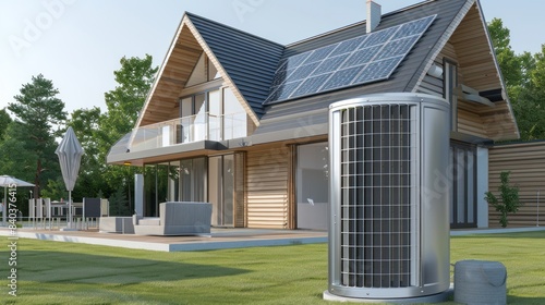 Wallpaper Mural A heat pump is located next to the house, and solar panels are installed on the roof. The concept of an energy-efficient home. 3D illustration Torontodigital.ca