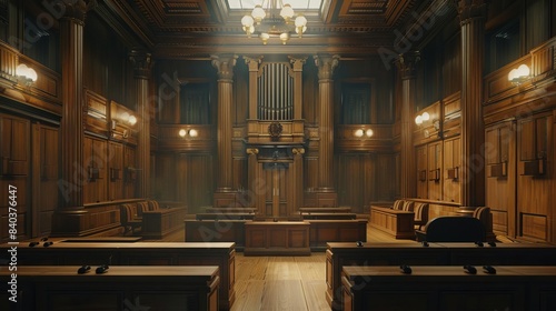 imposing wooden courtroom interior majestic american justice system symbolism realistic 3d illustration photo