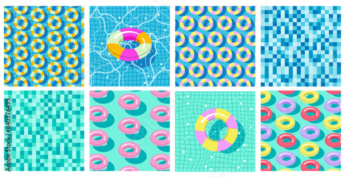 Summer Pool Rubber Rings Seamless Pattern Vector Set