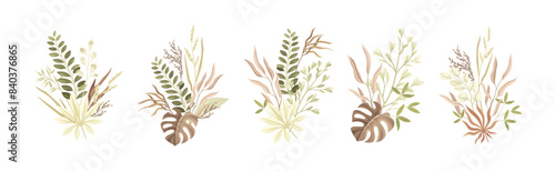 Tender Floral Bouquet Composition with Twigs Vector Set
