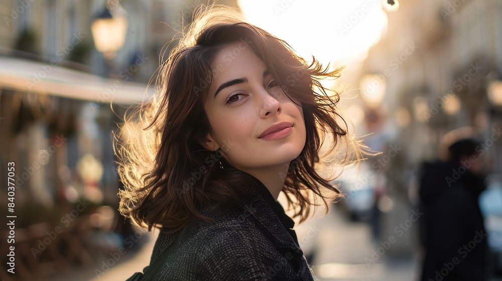 Young stylish beautiful woman walking on the city street looking back, Realistic photo visually appealing Young stylish beautiful woman walking on the city street looking back, Realistic photo visually appealing