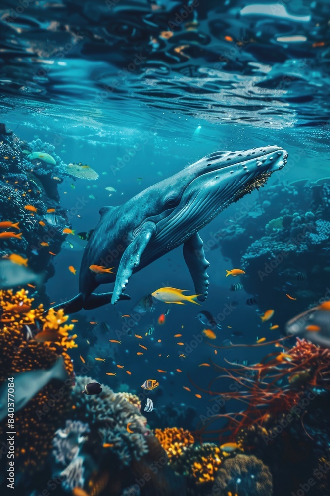 A humpback whale swimming in the open ocean, with sunlight filtering down from above A humpback whale swimming in the open ocean, with sunlight filtering down from above