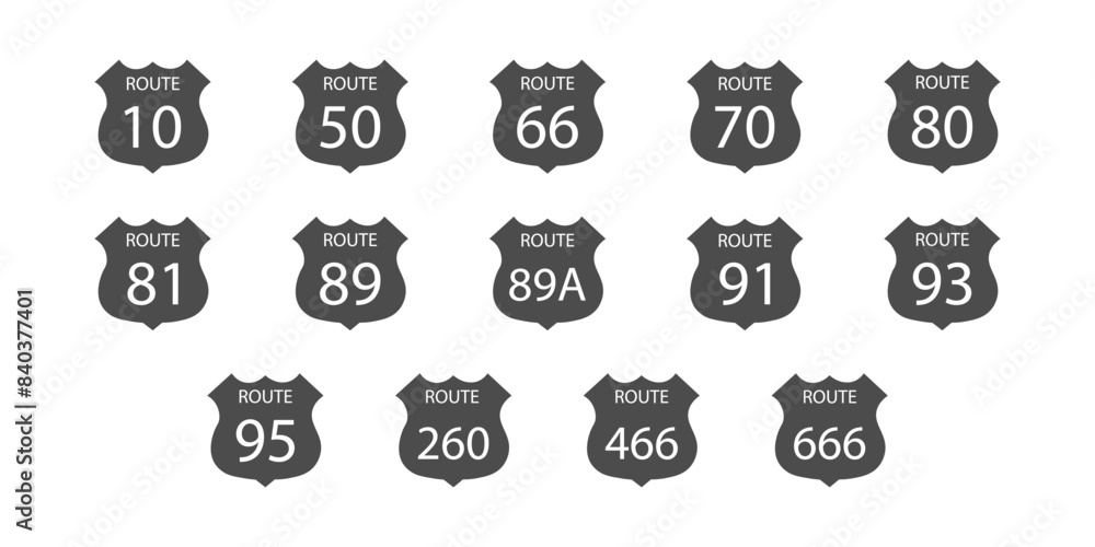 Black US highway sign. Shield sign with route number and text. Vector illustration of Highway 66 road sign. EPS vector graphics. Black US highway sign. Shield sign with route number and text. Vector illustration of Highway 66 road sign. EPS vector graphics.