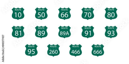 Green US highway sign. Shield sign with route number and text. Vector illustration of Highway 66 road sign. EPS vector graphics.