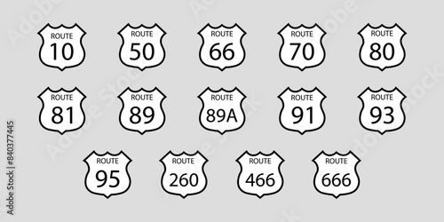 White US highway sign. Shield sign with route number and text. Vector illustration of Highway 66 road sign. EPS vector graphics. photo