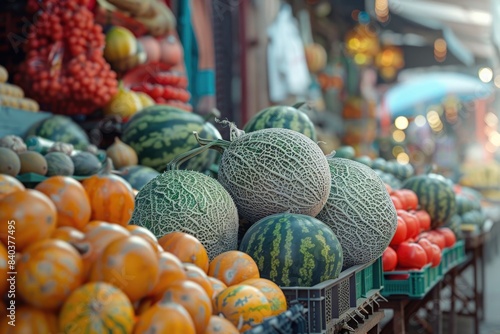 Colorful array of melons, fruits, and vegetables on display at an outdoor market photo