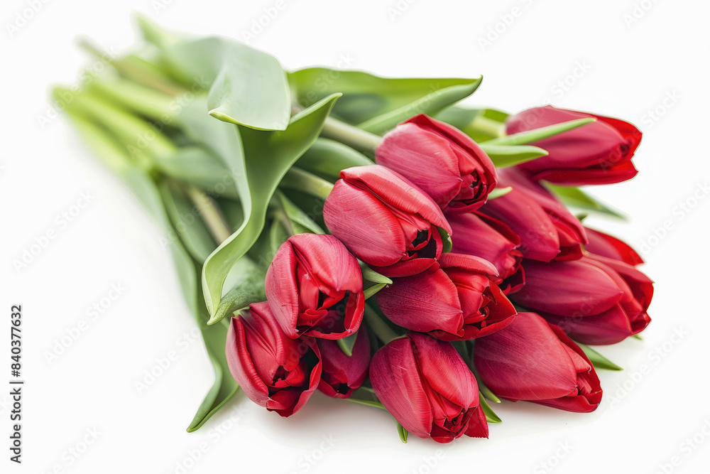 Ramo de tulipanes de color rojo tumbados sobre fondo blanco Ramo de tulipanes de color rojo tumbados sobre fondo blanco
