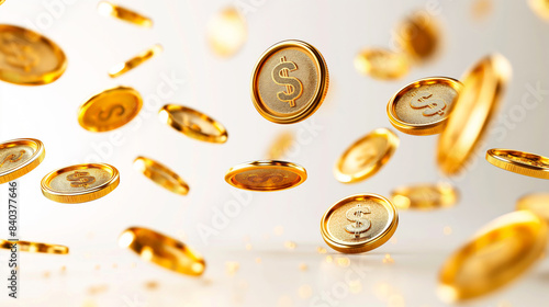 Golden dollar coins falling from the sky. Income concept photo