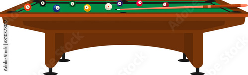 Full pool billiard table with green top, balls, and cue illustration