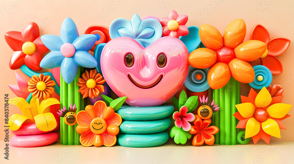 Cheerful, pink heart-shaped object with a smiling face, surrounded by various colorful, plastic flowers and volumetric shapes Cheerful, pink heart-shaped object with a smiling face, surrounded by various colorful, plastic flowers and volumetric shapes