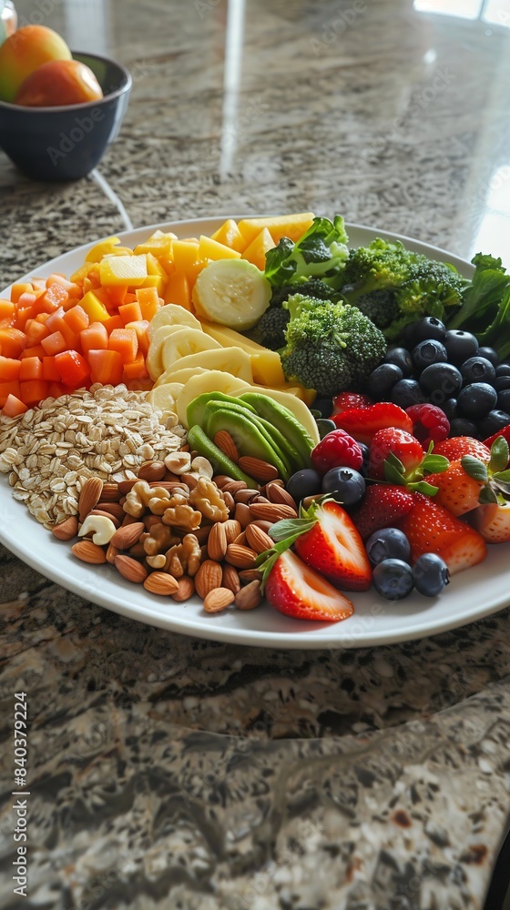 Healthy eating colorful fresh fruits and vegetables, nuts, whole grains, and lean protein Healthy eating colorful fresh fruits and vegetables, nuts, whole grains, and lean protein