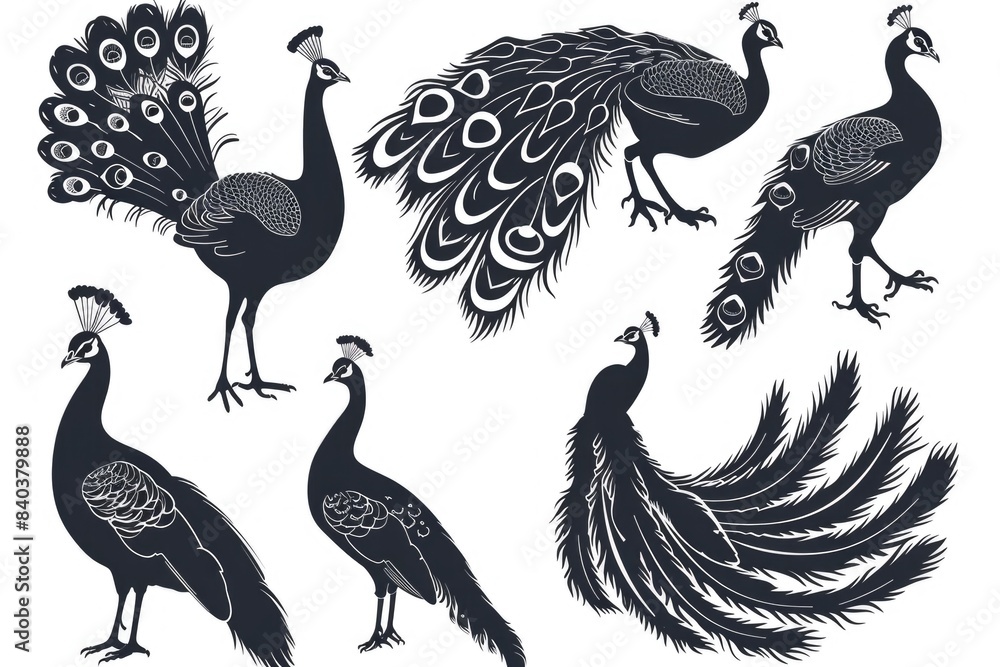 Naklejka premium Group of peacocks standing on a clean white surface, with feathers spread out in various colors