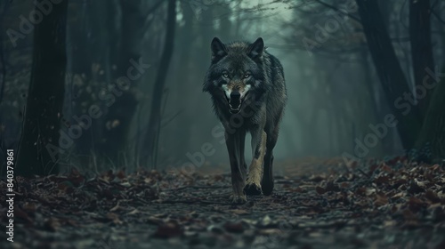 lone wolf angry predator snarling in dark forest path wildlife photography photo