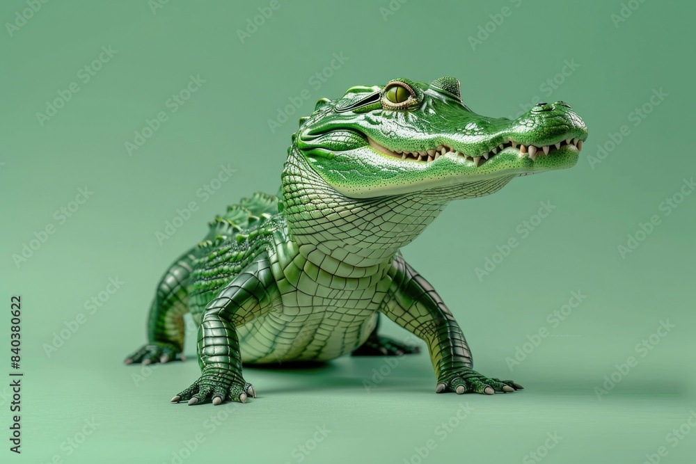Obraz premium A small toy alligator sitting on a green surface, possibly for play or decoration