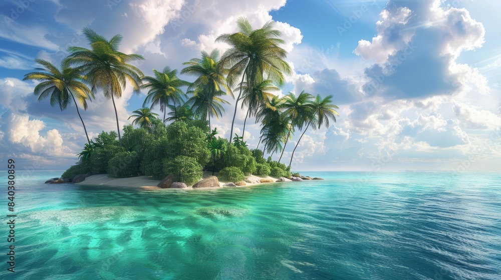 lush tropical island with palm trees and turquoise sea fluffy clouds vibrant 3d render lush tropical island with palm trees and turquoise sea fluffy clouds vibrant 3d render