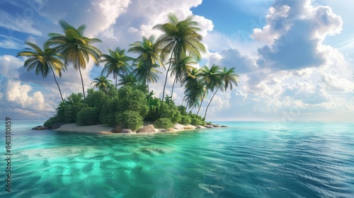 lush tropical island with palm trees and turquoise sea fluffy clouds vibrant 3d render