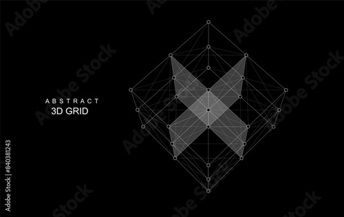 Abstract 3D grid cube. From dots and lines. Primitive object. 3D technology design. Futuristic wireframe structure for technology or science concepts. Vector Illustration.