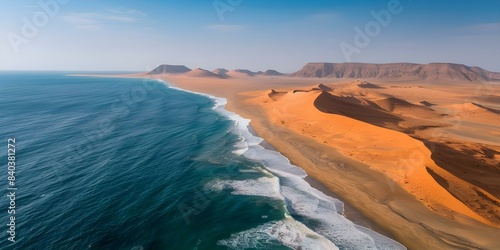 Desert meets ocean A bird's-eye view of Skeleton Coast in Namibia. Concept Desert Landscapes, Coastal Views, Namibian Beauty, Aerial Photography, Remote Destinations photo