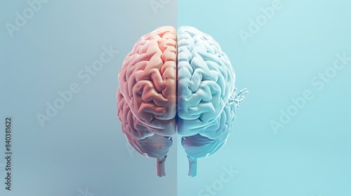 3D rendering of a human brain with contrasting colors, showcasing the intricacies of neurological structure and hemispheric differences.