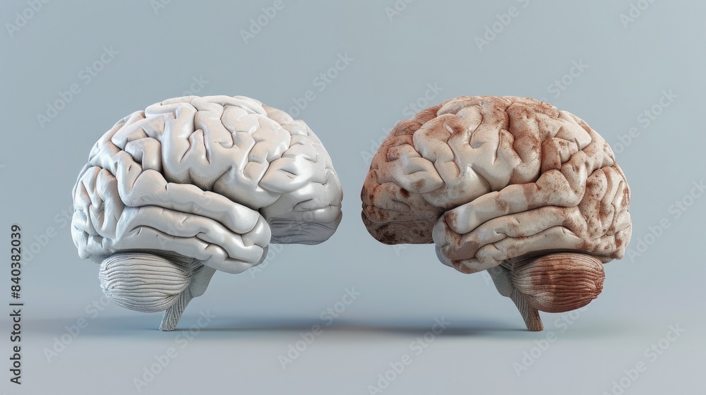 Comparison between a healthy brain and a diseased brain model, highlighting changes in color and texture representing different medical conditions. Comparison between a healthy brain and a diseased brain model, highlighting changes in color and texture representing different medical conditions.