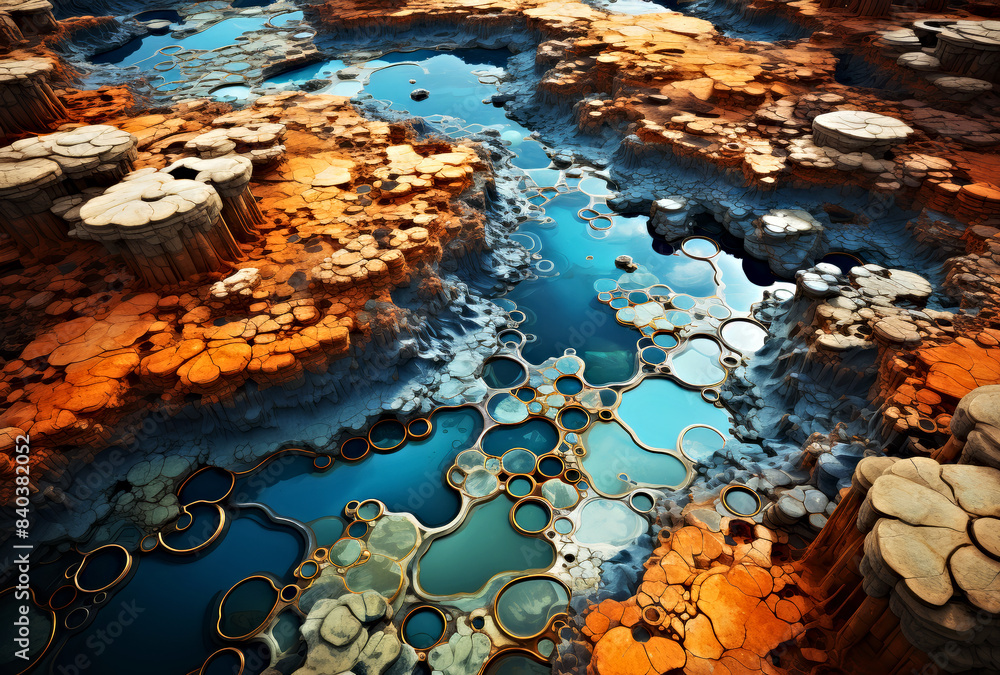 Fototapeta premium stunning aerial view showcasing vibrant mineral pools and intricate rock formations in vivid colors. abstract artwork highlights the natural beauty and complexity of geological landscapes,