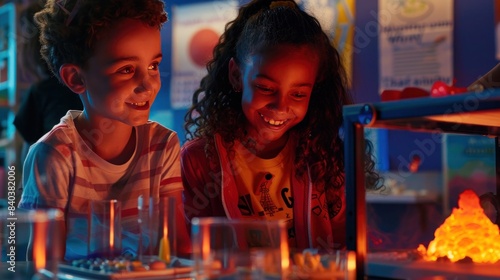 Two curious children exploring a science experiment with colorful liquids and a glowing volcano  experiencing the fun of learning together.