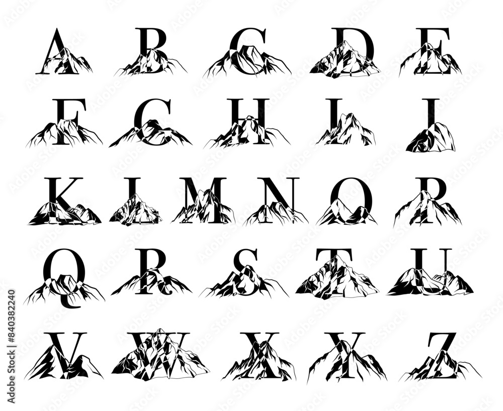 Set of vector letters with line drawing mountains, nature alphabet	 for wedding, brand cards, posters and logo