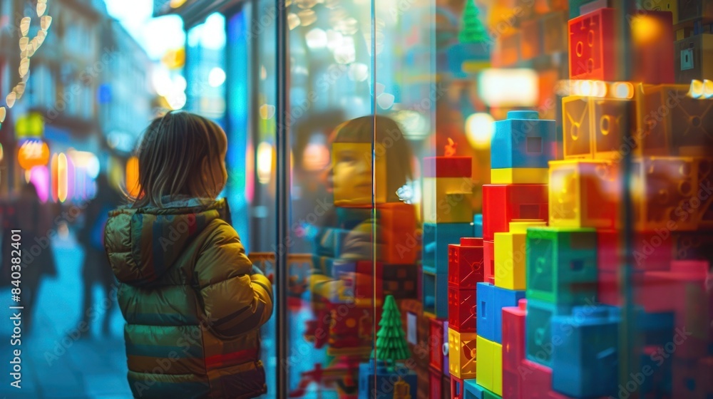 Obraz premium Child gazing at colorful toy blocks through a store window on a vibrant evening street with a cheerful, dreamy atmosphere
