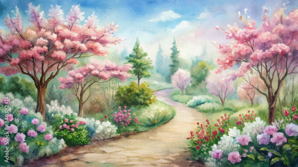 Garden watercolor background with blooming flowers Garden watercolor background with blooming flowers