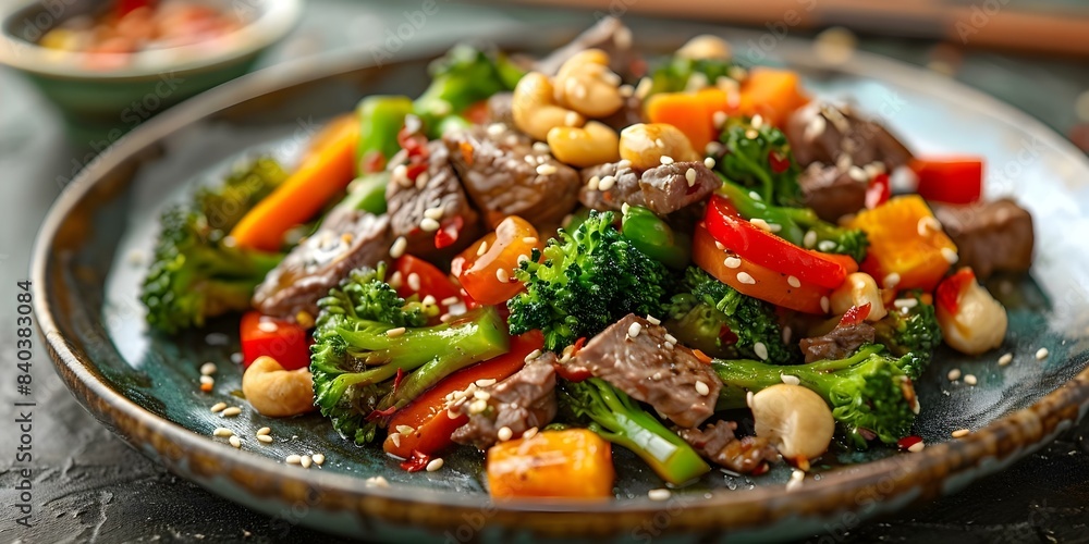 Vibrant vegetable and succulent beef stir-fry on a plate. Concept Stir-fry Recipe, Healthy Cooking, Vibrant Vegetables, Succulent Beef, Delicious Dinner