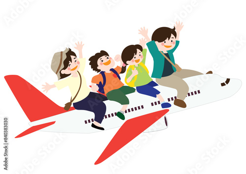 飛行機に乗って家族旅行を楽しむ親子のベクターイラスト