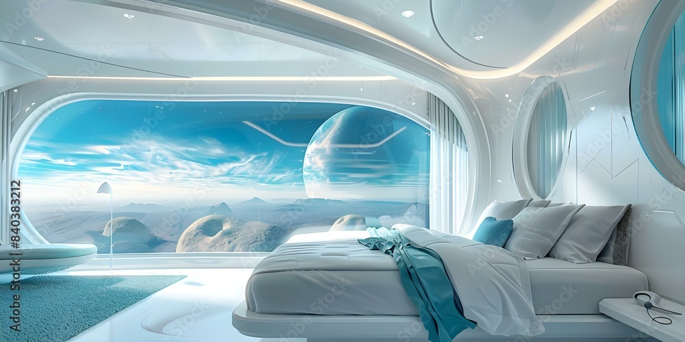 Luxurious space hotel suite featuring stunning panoramic views of the planetary landscape. Concept Space Tourism, Luxury Accommodation, Panoramic Views, Planetary Landscape Luxurious space hotel suite featuring stunning panoramic views of the planetary landscape. Concept Space Tourism, Luxury Accommodation, Panoramic Views, Planetary Landscape