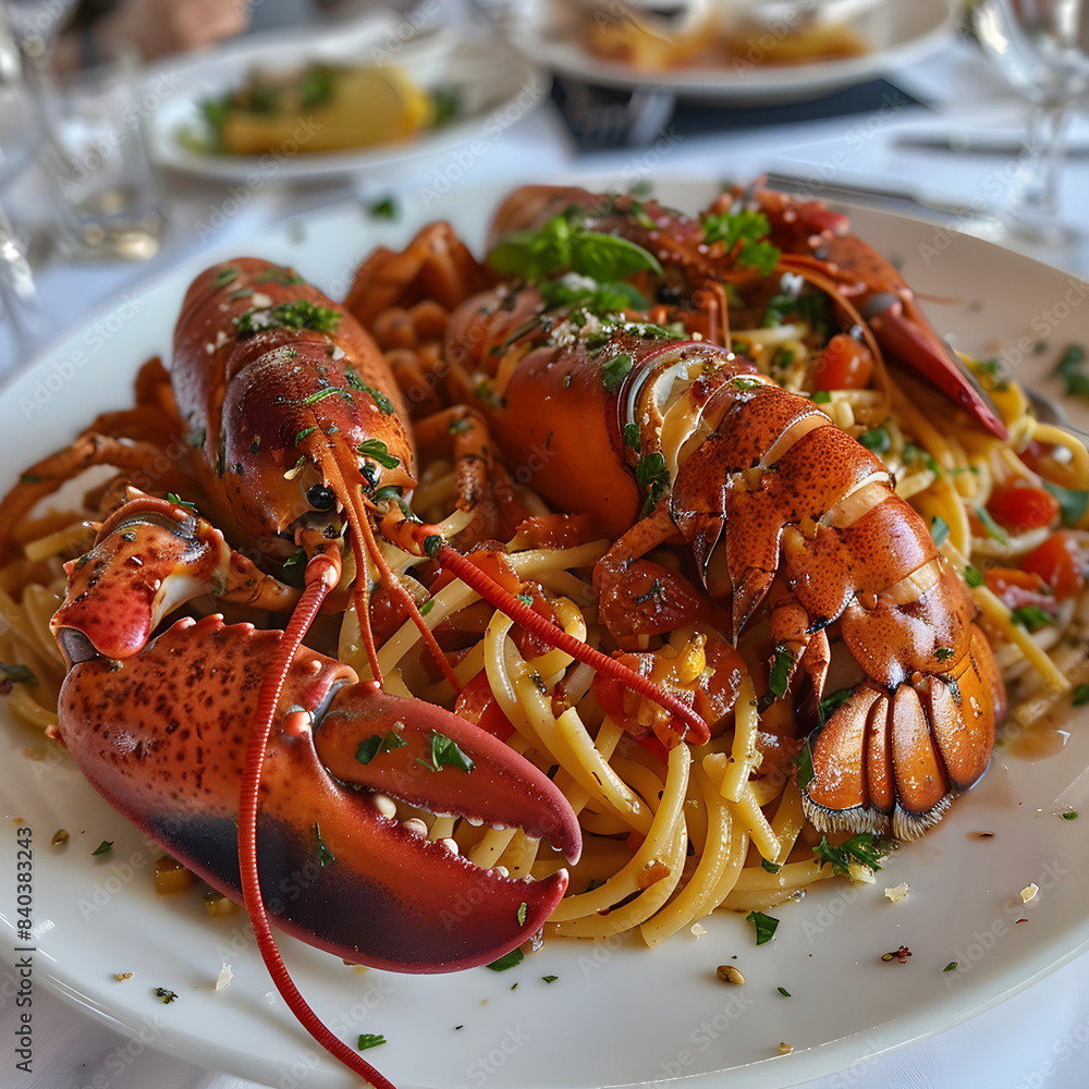 Sumptuous serving of lobster spaghetti with rich tomato sauce, elegantly plated and garnished with herbs on a white dish