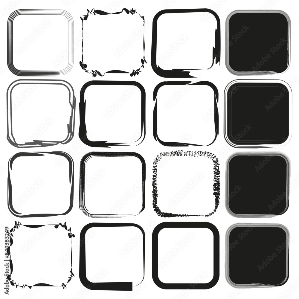 Collection of black square frames. Various styles and textures. Vector border designs. Collection of black square frames. Various styles and textures. Vector border designs.