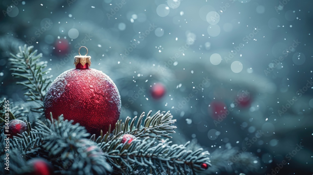 christmas and new year holidays concept. Red balls on fir branches, winter snowy backdrop. festive winter season background. template for desig christmas and new year holidays concept. Red balls on fir branches, winter snowy backdrop. festive winter season background. template for desig