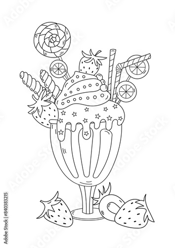 Coloring Page - Strawberry Milkshake With Lots Of Decorations Is An Adult Anti-Stress Coloring Activity