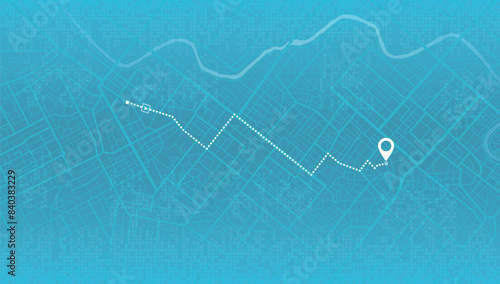 City map with route marked by white line. Perspective view on gps navigation. A point of destination your trip in the city. Vector illustration