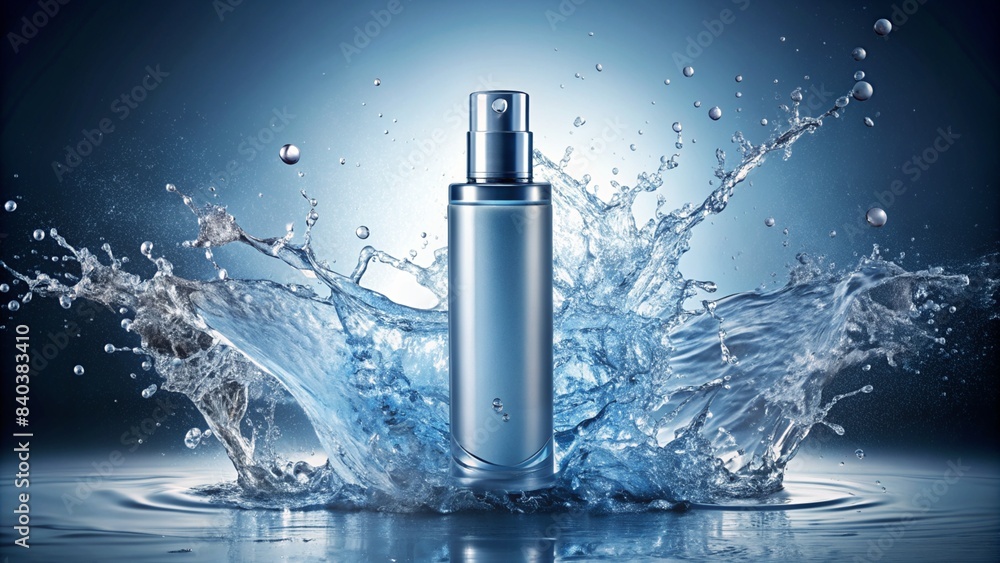 Glass bottle of cosmetics on splashes of water on a blue background - Mockup Glass bottle of cosmetics on splashes of water on a blue background - Mockup