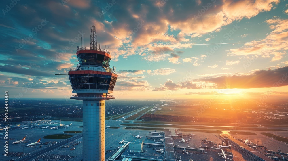 Φωτογραφία aerial dramatic photo of modern airport control tower, showing terminal building