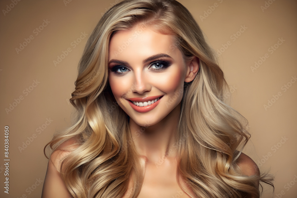 Pretty European beautiful woman, blond long hair with makeup glowing face and healthy facial skin portrait and smile on isolated beige background. Cosmetology, plastic surgery concept. Pretty European beautiful woman, blond long hair with makeup glowing face and healthy facial skin portrait and smile on isolated beige background. Cosmetology, plastic surgery concept.