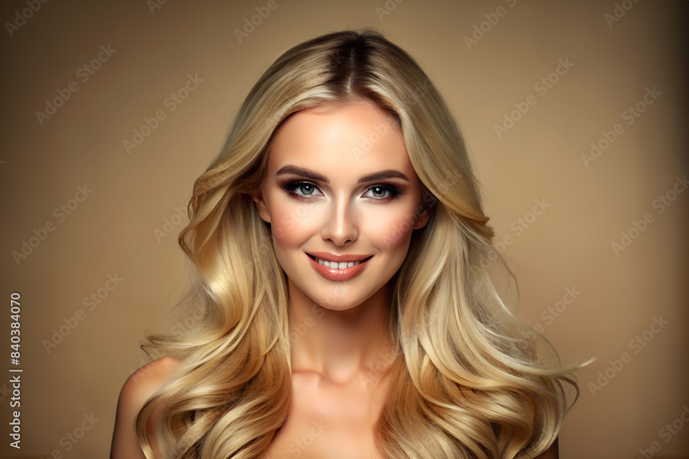 Pretty European beautiful woman, blond long hair with makeup glowing face and healthy facial skin portrait and smile on isolated beige background. Cosmetology, plastic surgery concept. Pretty European beautiful woman, blond long hair with makeup glowing face and healthy facial skin portrait and smile on isolated beige background. Cosmetology, plastic surgery concept.